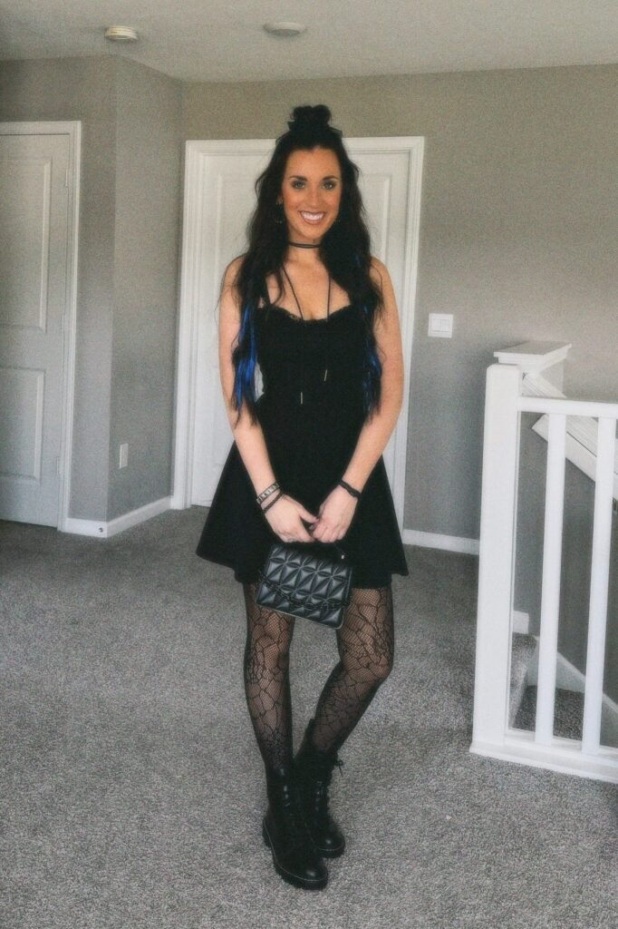 Black Lace-Trim Mini Dress + Black Patterned Tights + Black Lace-Up Combat Boots