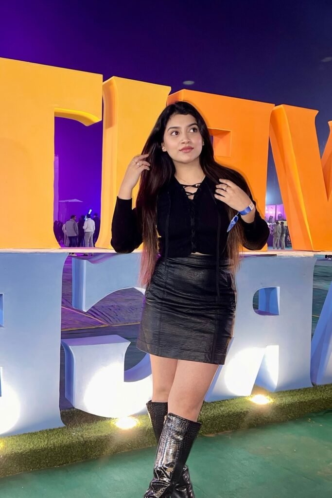 Black Lace-up Top + Black Leather Mini Skirt + Black Knee-High Boots