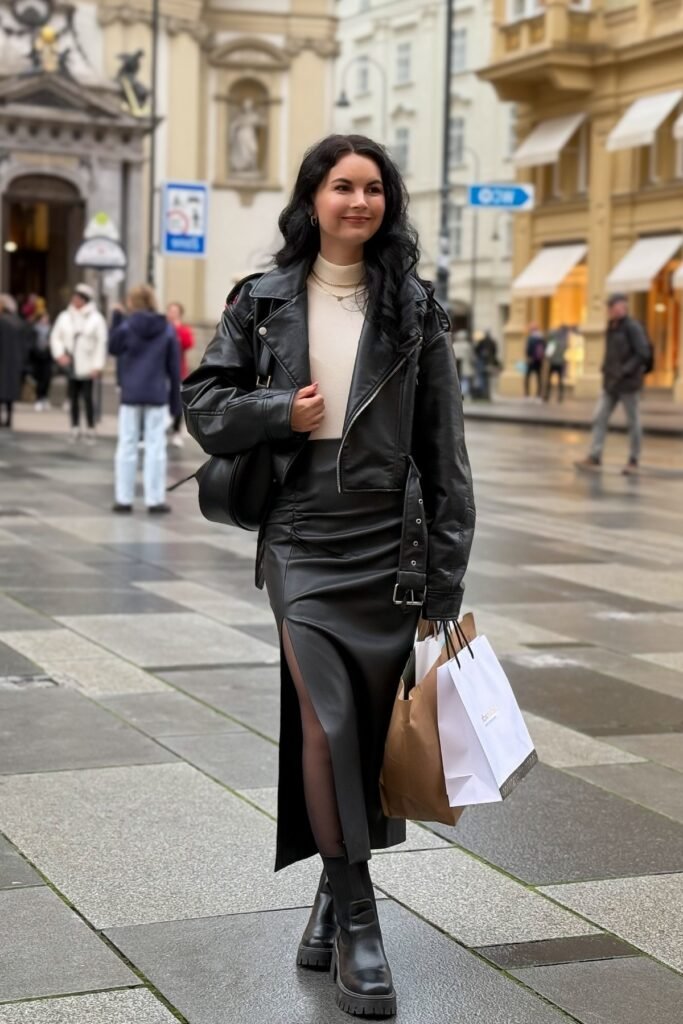 Black Leather Biker Jacket + Black Slit Maxi Skirt + Chunky Black Boots