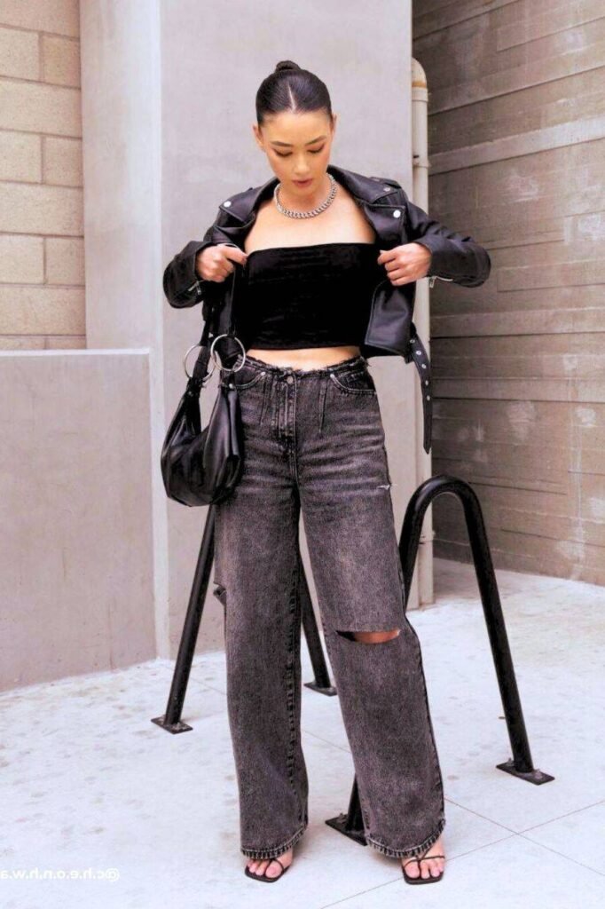 Black Leather Biker Jacket + Black Tube Top + Wide-Leg Distressed Grey Jeans + Black Strappy Sandals