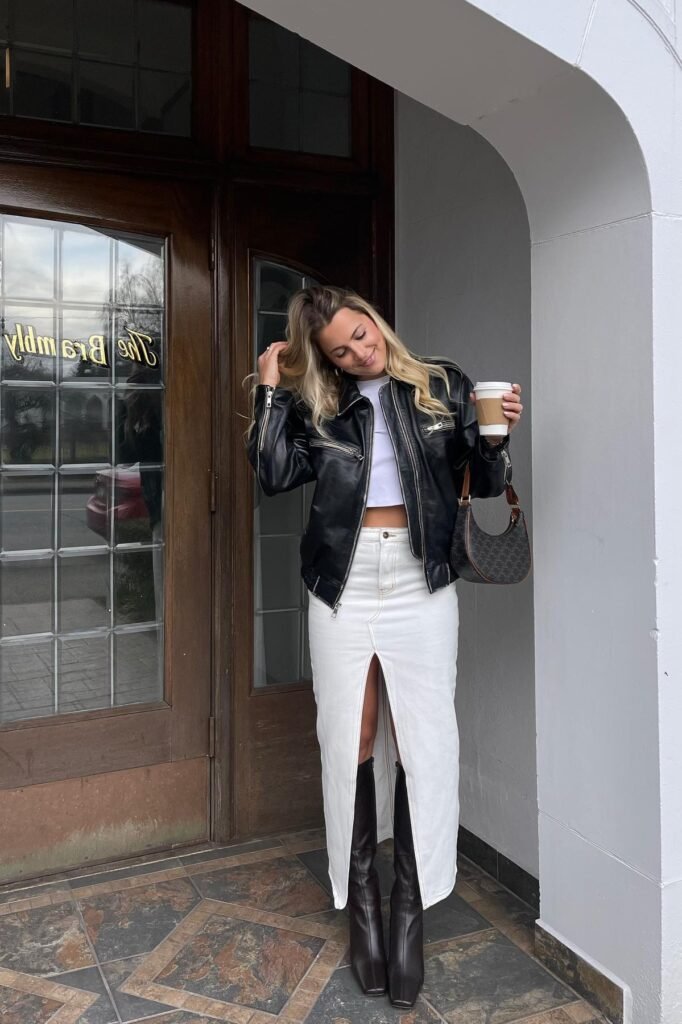 Black Leather Biker Jacket + White Maxi Skirt with Slit + Black Square-Toe Boots