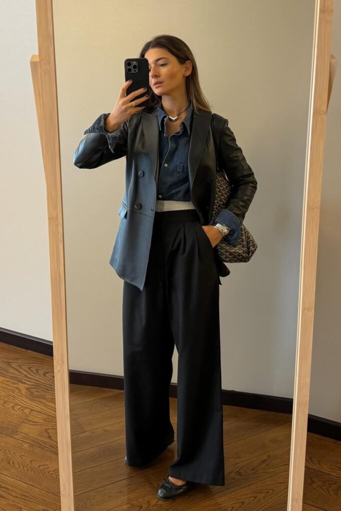 Black Leather Blazer + Denim Shirt + Black Wide Leg Trousers