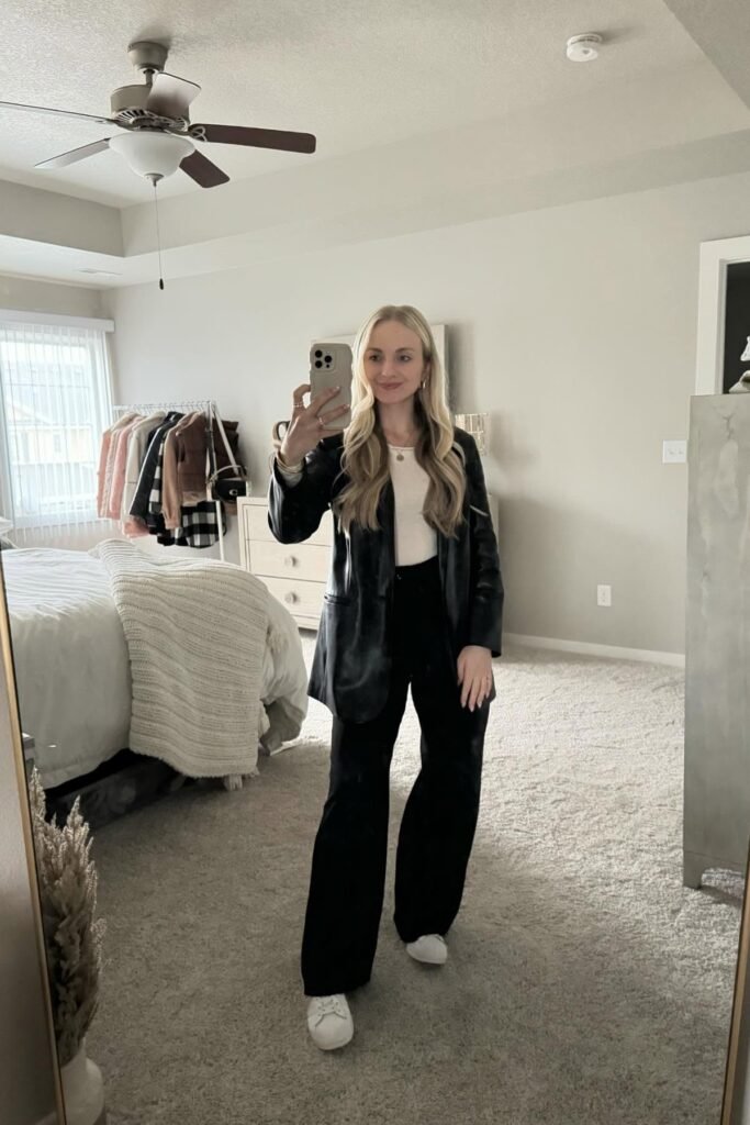 Black Leather Blazer + White Top + Black Flared Trousers + White Sneakers