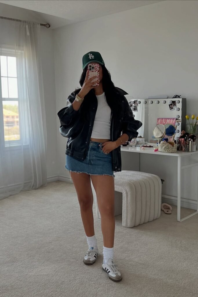 Black Leather Bomber Jacket + White Crop Top + Denim Mini Skirt + White Sneakers