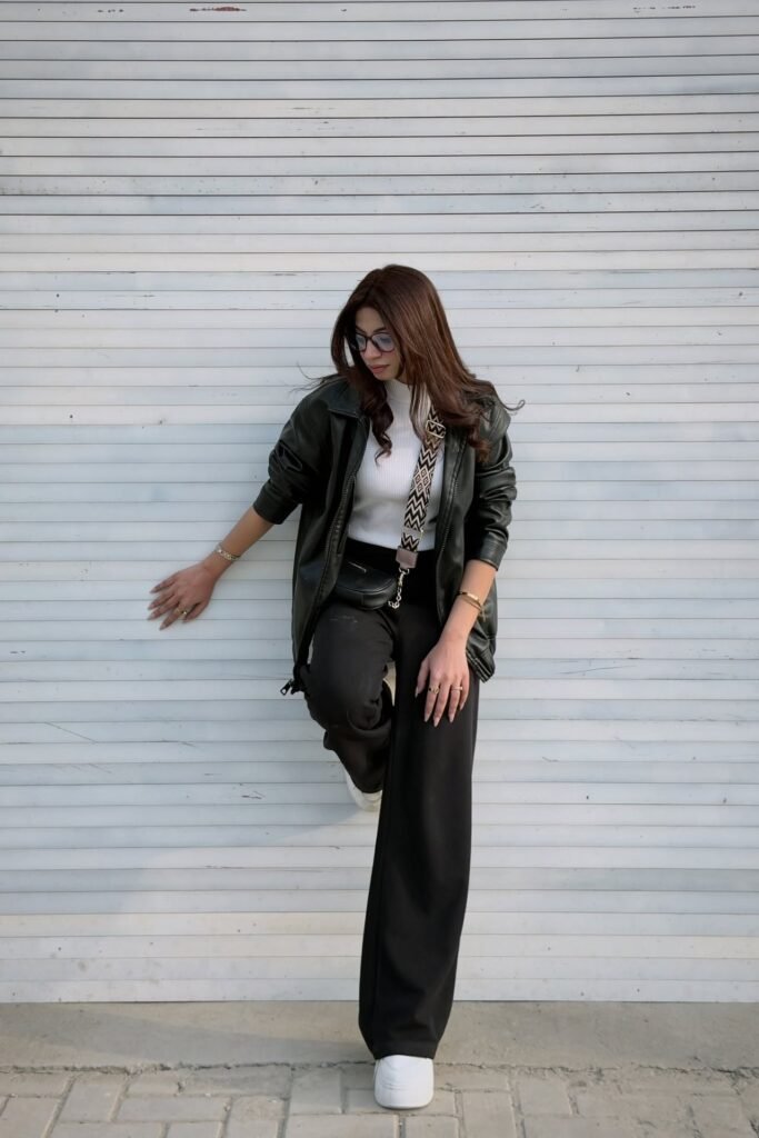 Black Leather Oversized Jacket + White Ribbed Turtleneck + Black Wide-Leg Trousers + White Platform Sneakers