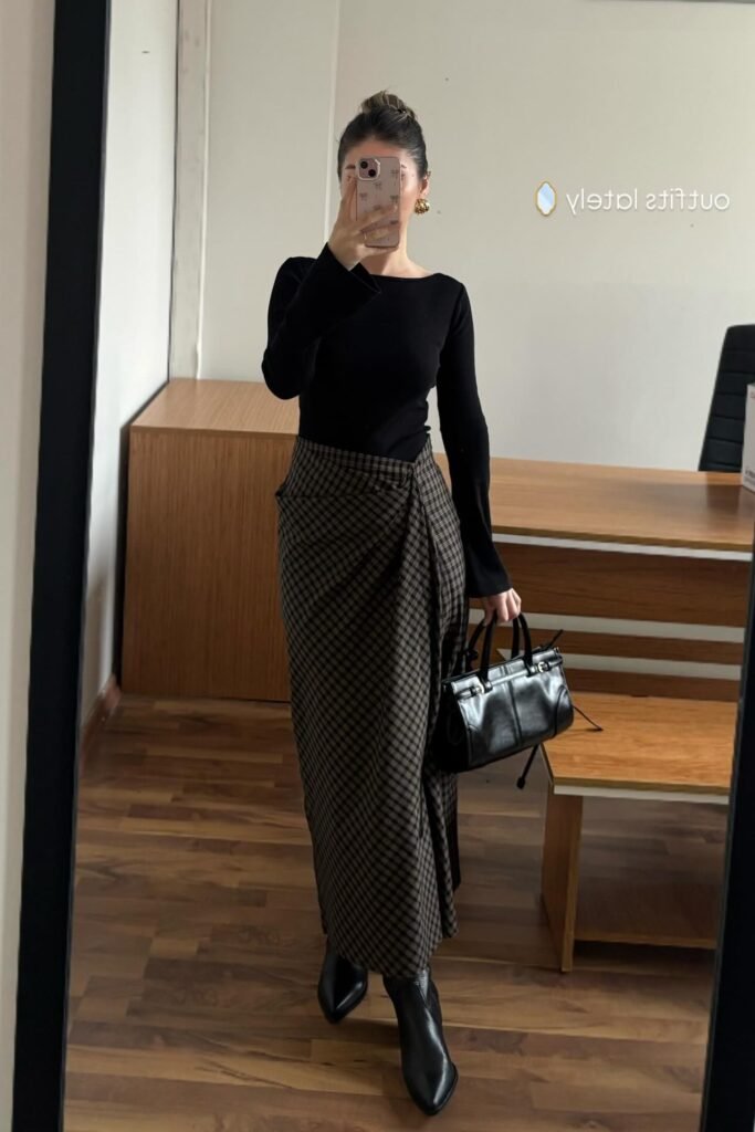 Black Long-Sleeve Boatneck Top + Plaid Wrap Maxi Skirt + Black Pointed Boots
