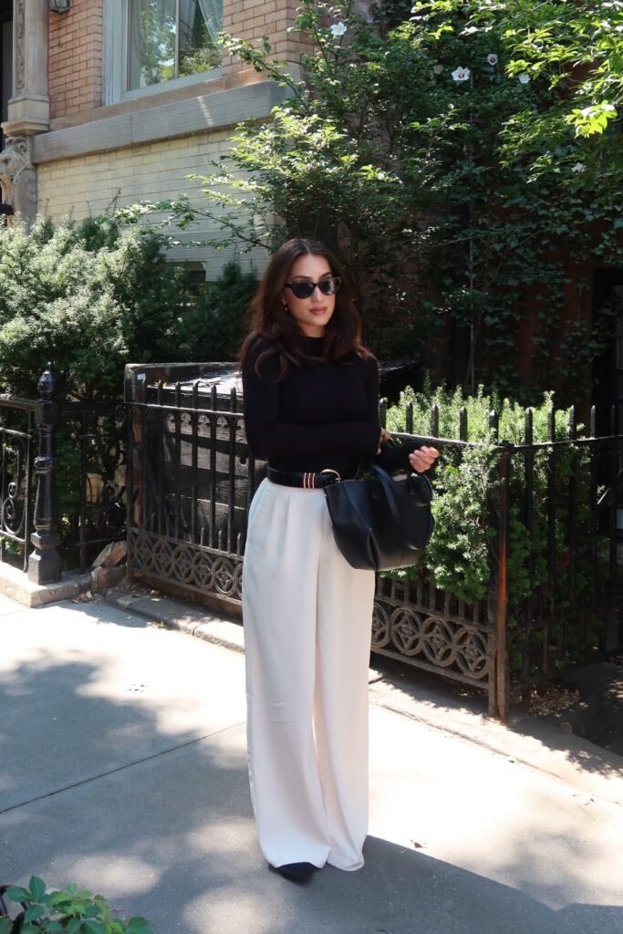 Black Long Sleeve Bodysuit + High Waisted White Trousers + Black Pointed Toe Boots