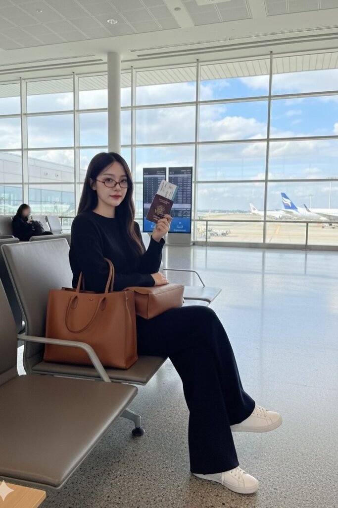 Black Long-Sleeve Knit Top + Black Flared Trousers + White Sneakers