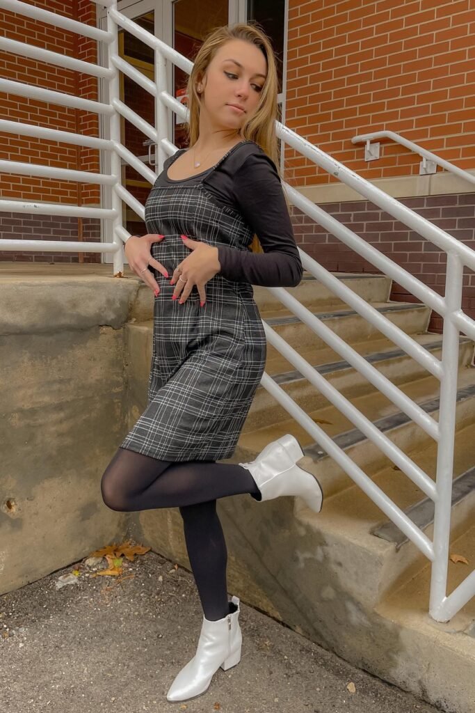 Black Long-Sleeve Top + Plaid Pinafore Dress + White Pointed Ankle Boots