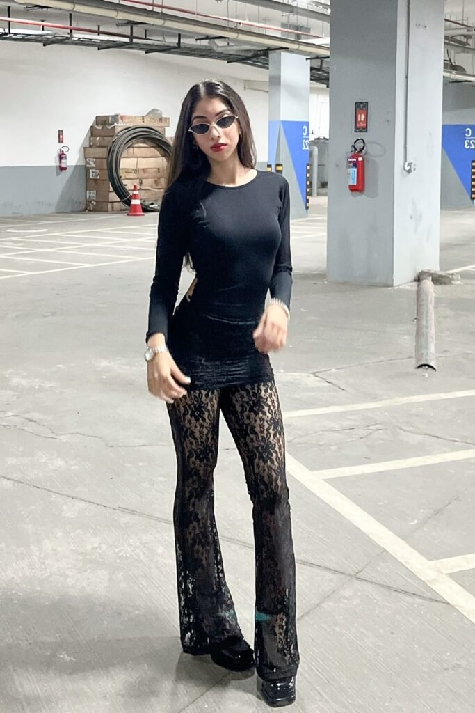 Black Long Sleeved Top + Black Lace Flared Trousers + Black Platform Shoes