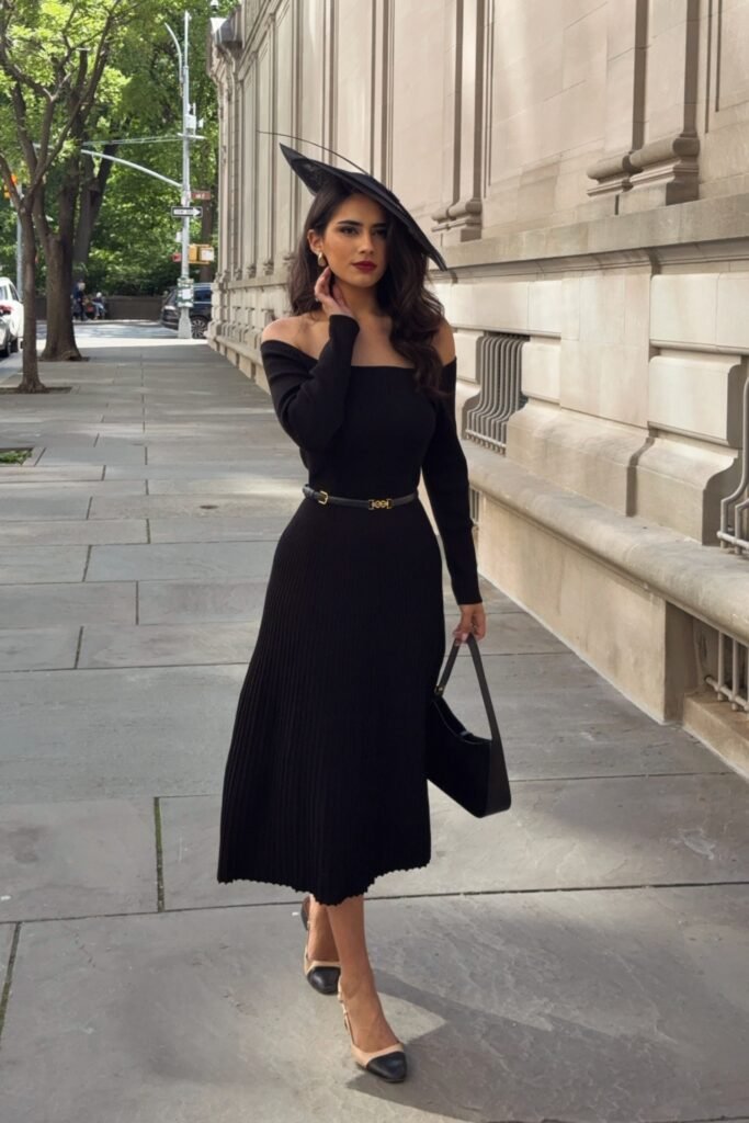 Black Off-the-Shoulder Ribbed Midi Dress + Wide Brim Black Hat + Two-Tone Slingback Heels