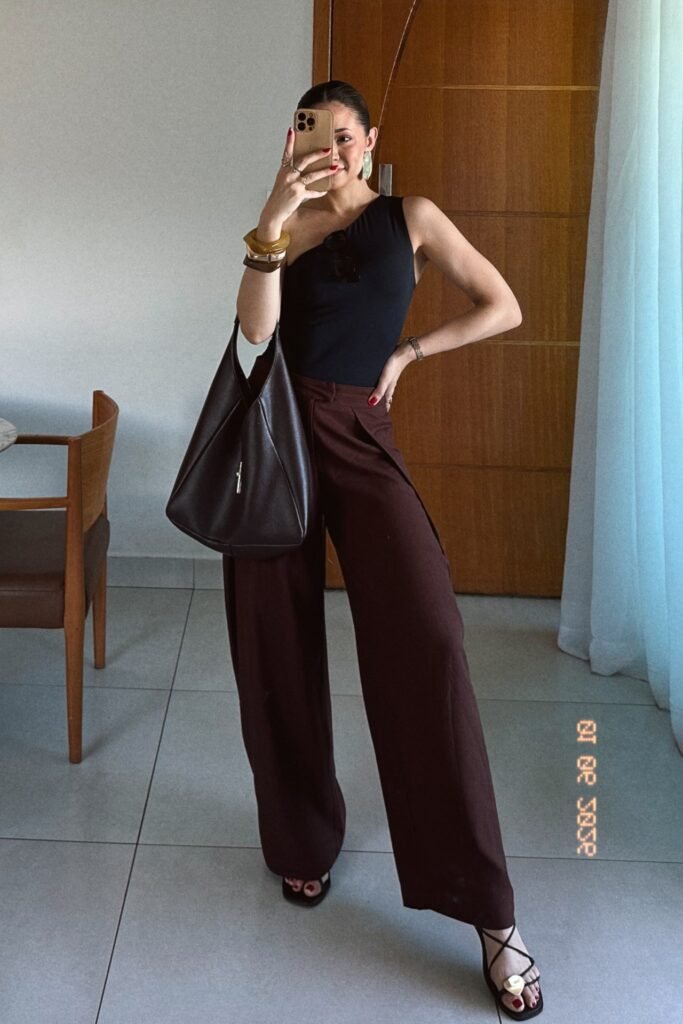 Black One-Shoulder Bodysuit + Dark Brown Wide-Leg Trousers + Black Strappy Sandals
