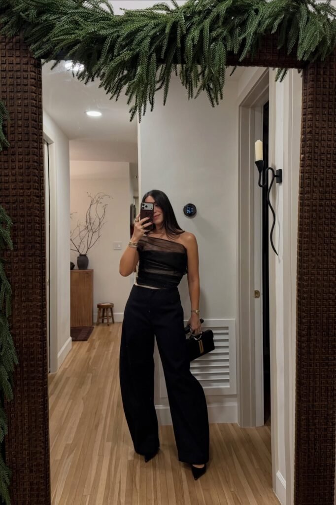 Black One-Shoulder Sheer Mesh Top + Black Wide-Leg Trousers + Black Pointed Heels
