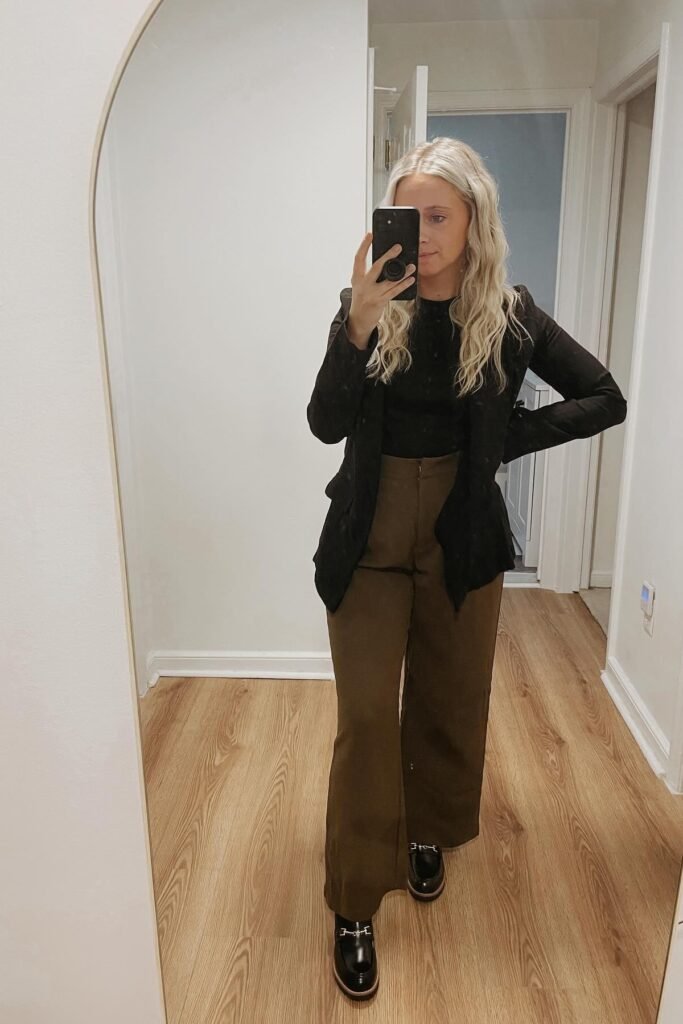 Black Open Blazer + Black Crew-Neck Top + Dark Brown Wide-Leg Trousers + Black Platform Loafers