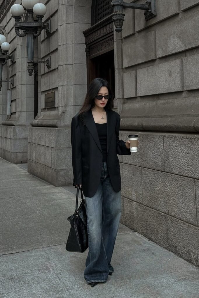 Black Oversized Blazer + Black Top + Dark Wash Wide Leg Jeans + Black Pointed Heels