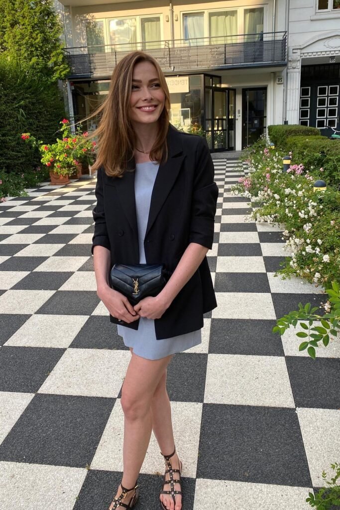 Black Oversized Blazer + Light Blue Mini Dress + Black Studded Sandals