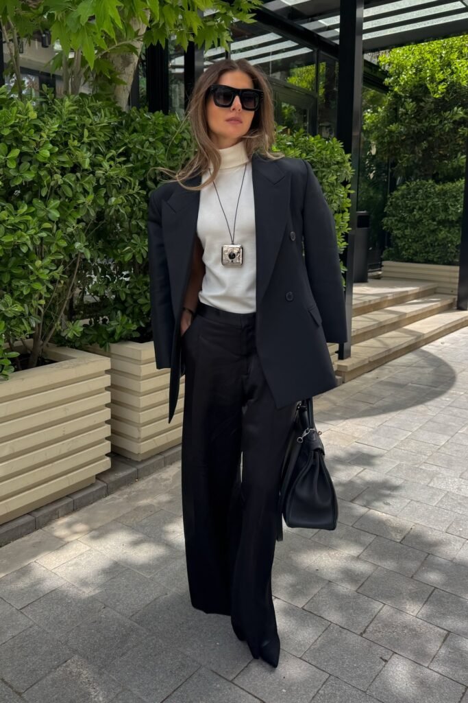 Black Oversized Blazer + White Mock-Neck Top + Black Satin Wide-Leg Trousers + Black Leather Satchel