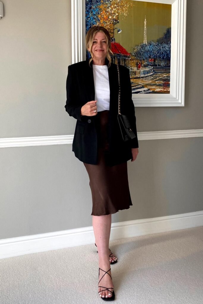Black Oversized Blazer + White T-Shirt + Chocolate Brown Satin Midi Skirt + Black Strappy Sandals