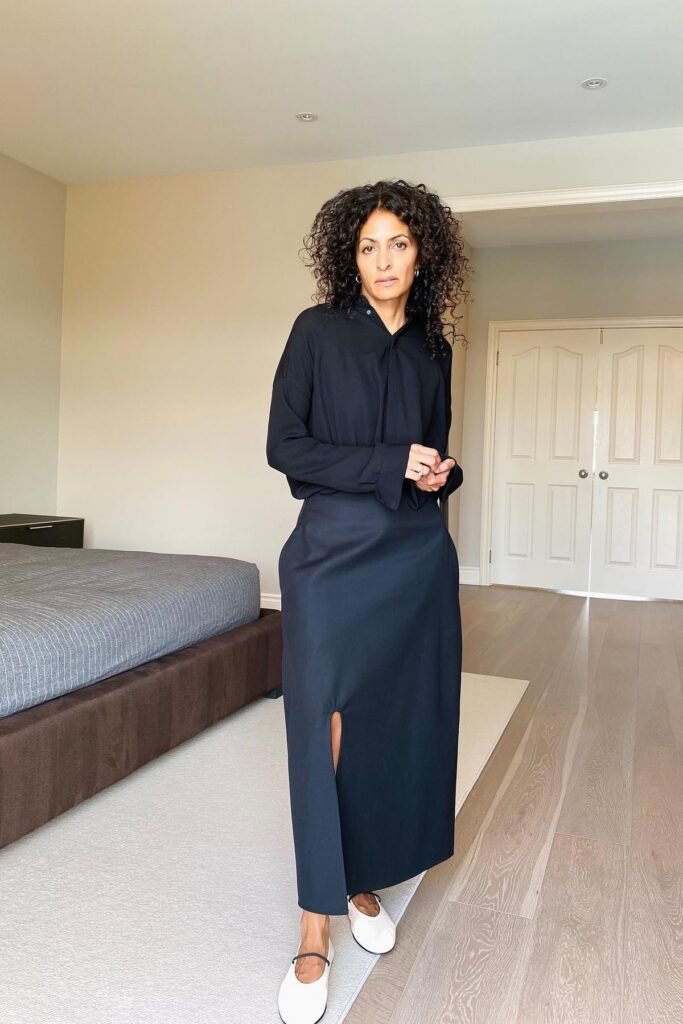 Black Oversized Button-Down Shirt + Black Maxi Skirt with Slit + White Ballet Flats