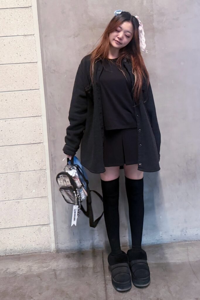 Black Oversized Shirt + Black Mini Skirt + Black Thigh-High Socks + Black Platform Slides