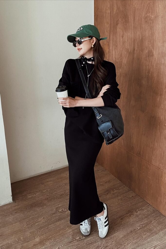 Black Oversized Sweatshirt + Black Maxi Skirt + White Adidas Sneakers