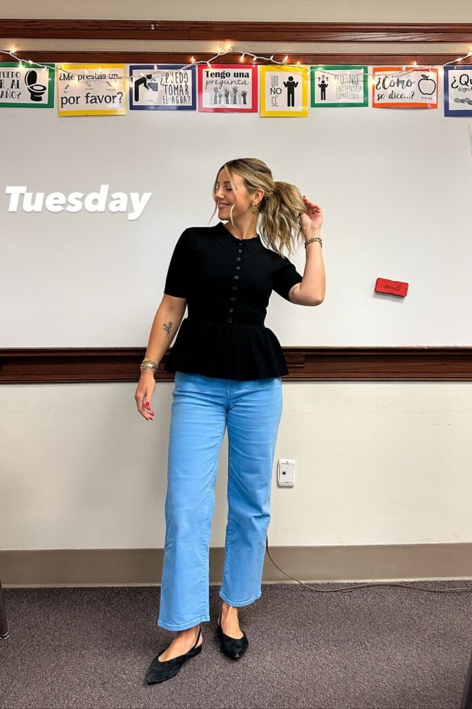 Black Peplum Polo Shirt + Light Blue Straight-Leg Jeans + Black Slingback Flats