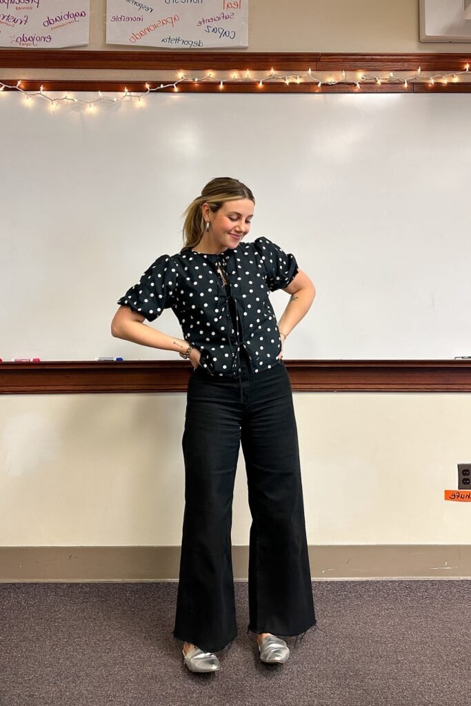 Black Polka Dot Puff-Sleeve Top + Black Wide-Leg Jeans + Silver Pointed Mules