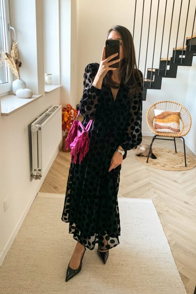 Black Polka Dot Sheer Maxi Dress + Bright Pink Fringed Handbag + Black Pointed Pumps