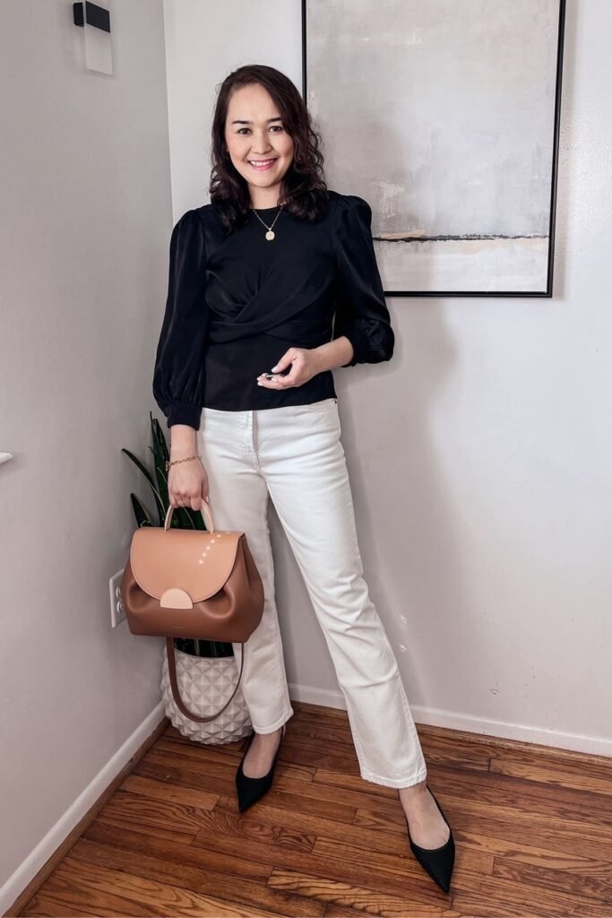 Black Puff Sleeve Wrap Top + White Straight Leg Jeans + Black Pointed Heels