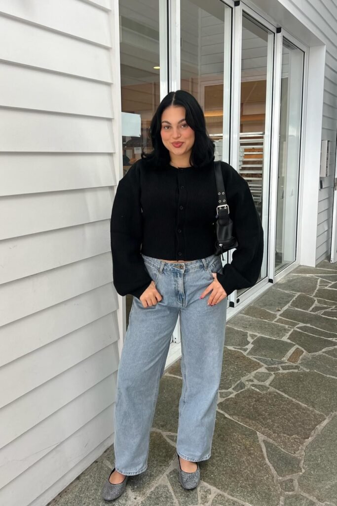 Black Ribbed Cardigan + Light Wash Wide Leg Jeans + Embellished Black Ballet Flats