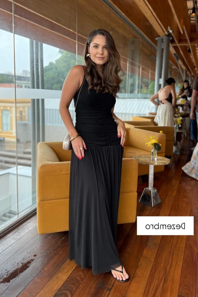 Black Ruched Sleeveless Maxi Dress + Gold Bangles + Black Flip-Flop Sandals