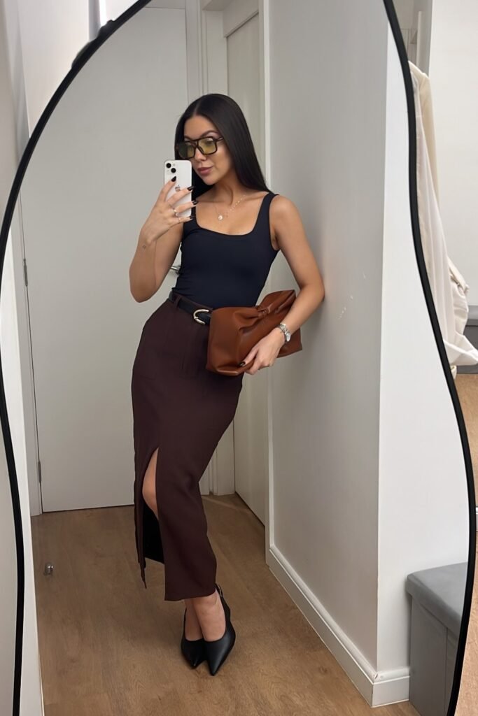 Black Scoop Neck Tank Top + Brown Maxi Skirt + Black Pointed Heels