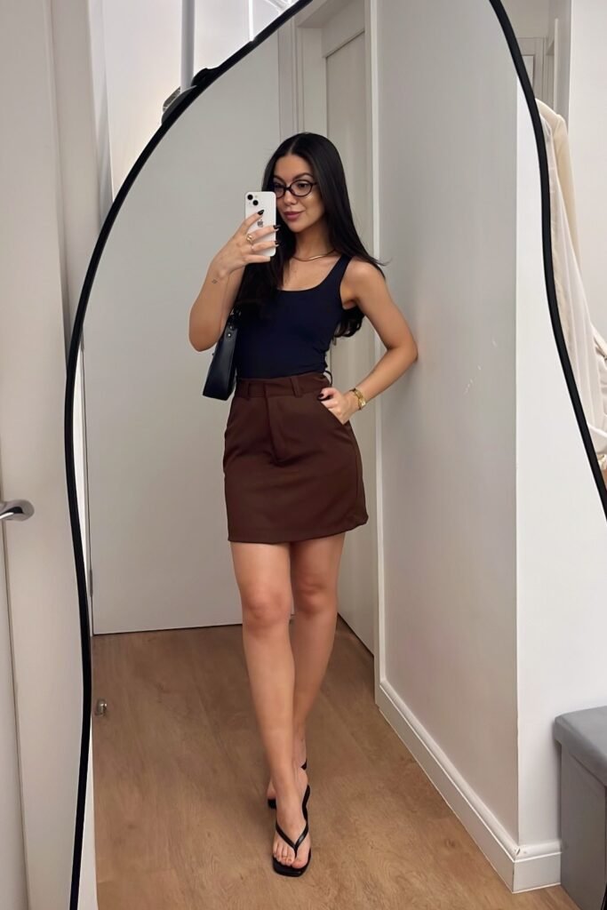 Black Scoop Neck Tank Top + Brown Mini Skirt + Black Thong Sandals