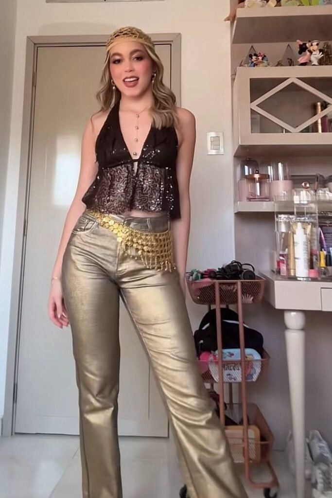 Black Sequin Halter Top + Gold Metallic Flare Pants + Gold Coin Hip Belt