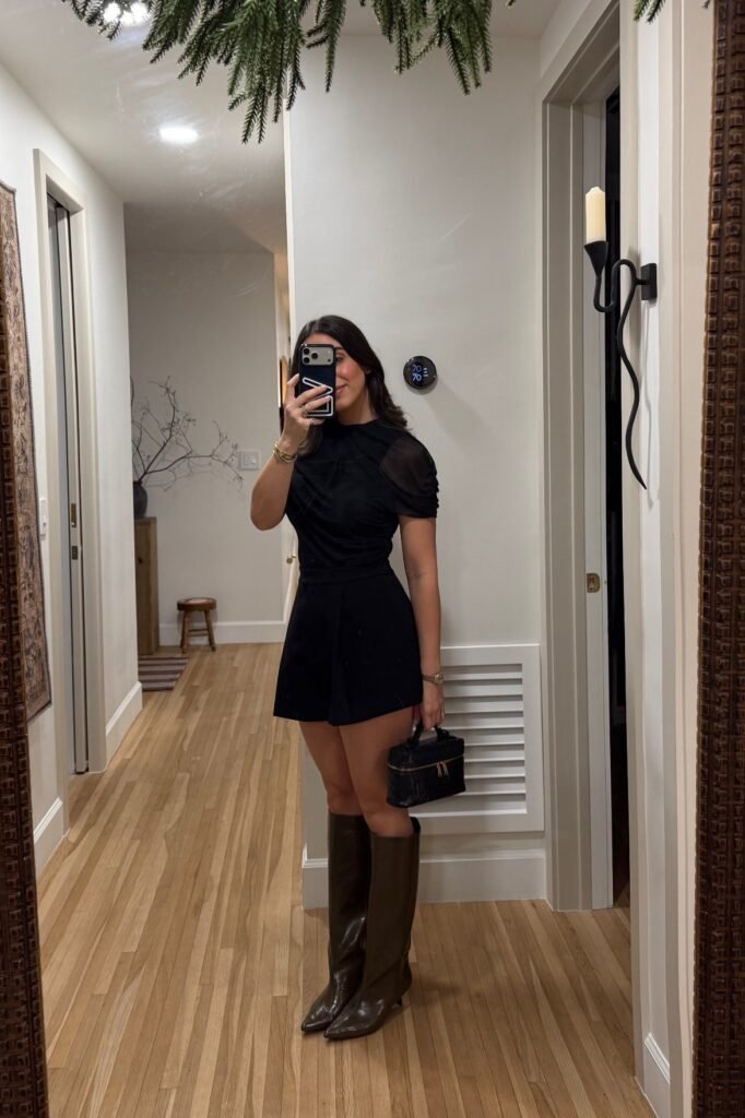 Black Sheer-Sleeve Top + Black Mini Skirt + Olive Green Knee-High Boots