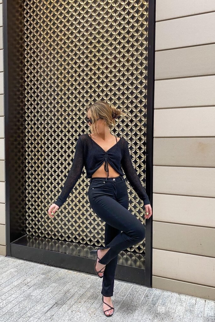 Black Sheer Tie Front Top + Black Skinny Jeans + Black Strappy Sandals