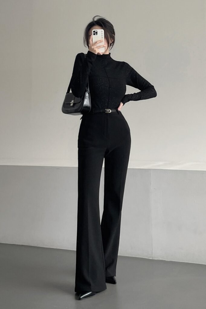 Black Shimmer Turtleneck Top + Black High-Waisted Tailored Trousers + Black Pointed Heels