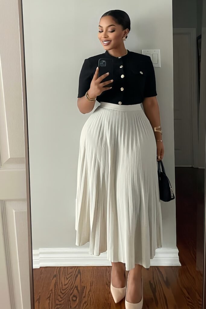 Black Short-Sleeve Button-Up Top + White Pleated Midi Skirt + Nude Pointed Heels