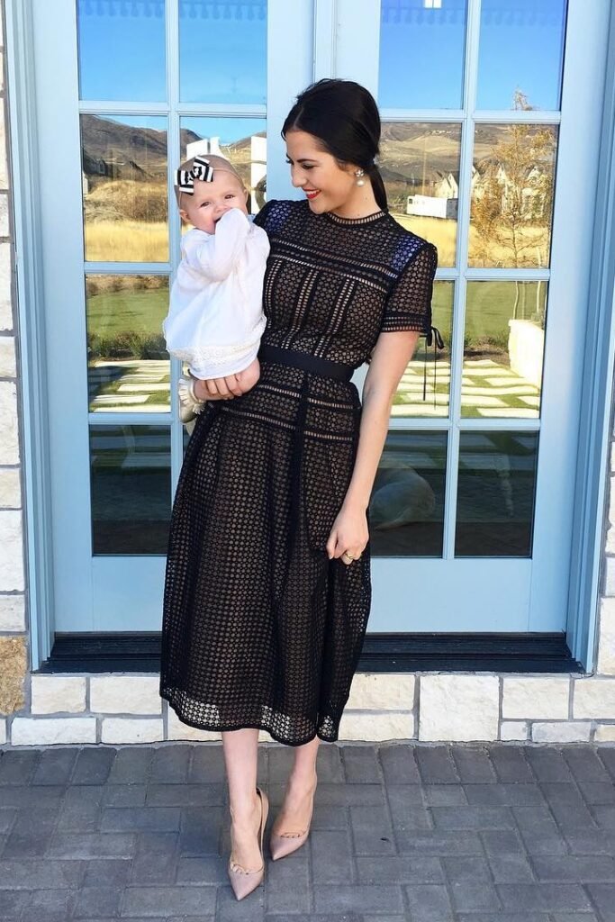 Black Short-Sleeve Eyelet Midi Dress + Nude Pointed Pumps