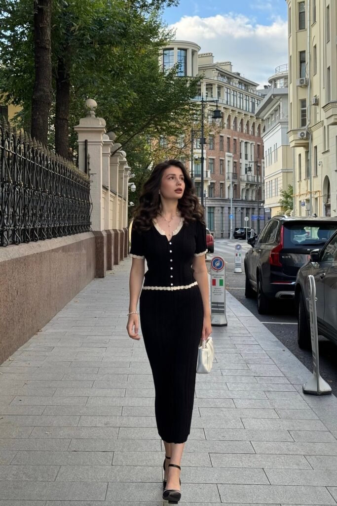 Black Short Sleeve Knit Dress + White Contrast Trim + Black Heels