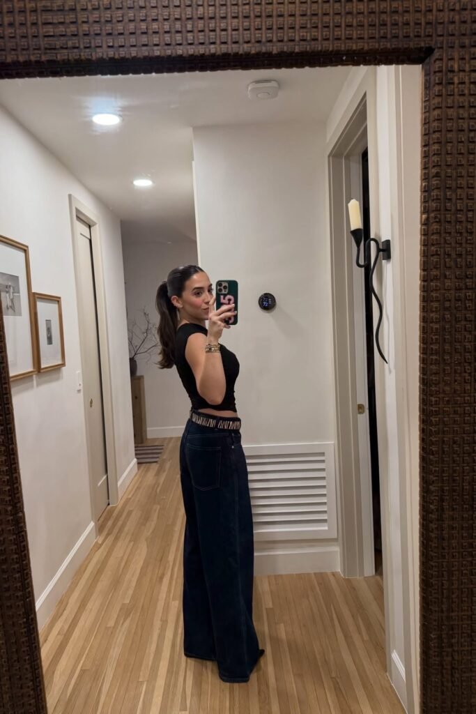 Black Sleeveless Crop Top + Dark Wash Wide-Leg Jeans + Zebra Print Belt