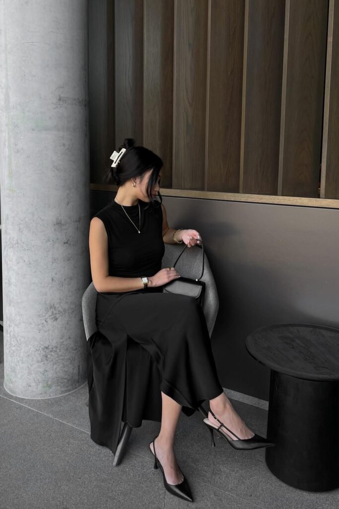 Black Sleeveless High-Neck Top + Black Satin Midi Skirt + Black Slingback Heels