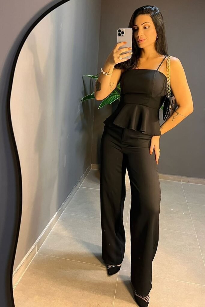 Black Spaghetti Strap Peplum Top + Black Wide-Leg Trousers + Black Studded Heels