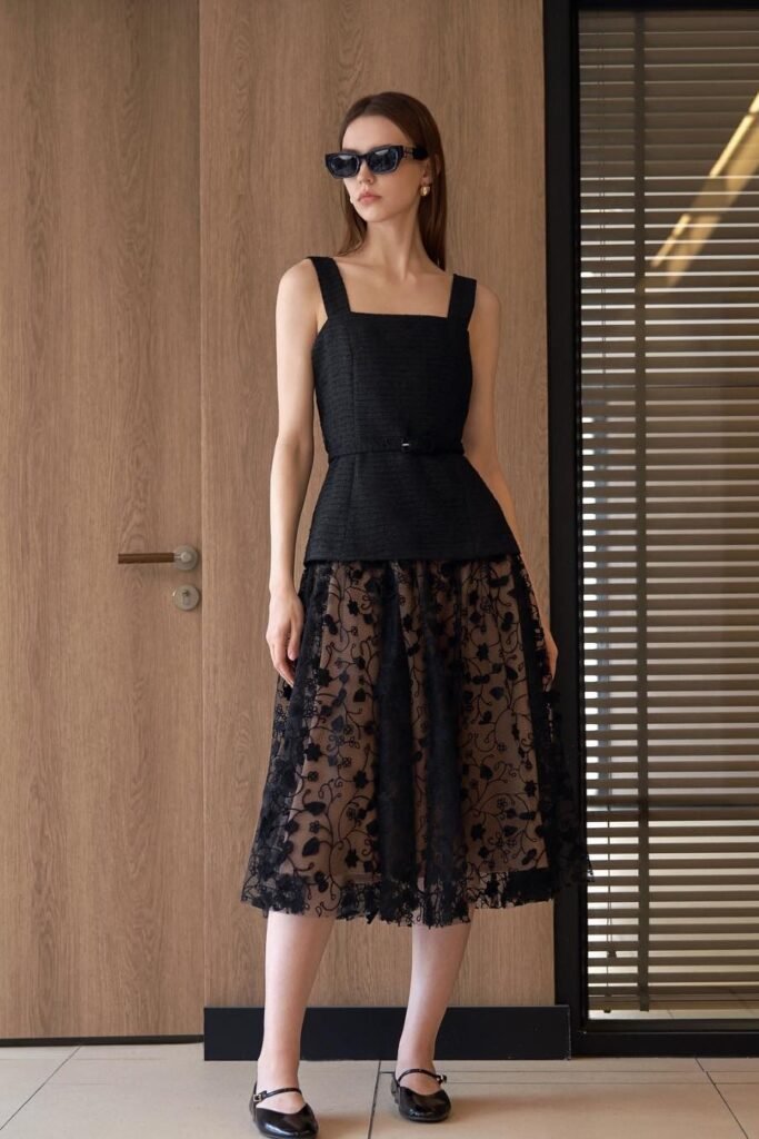 Black Square Neck Sleeveless Top + Black Embroidered Floral Lace Skirt + Black Mary Jane Flats