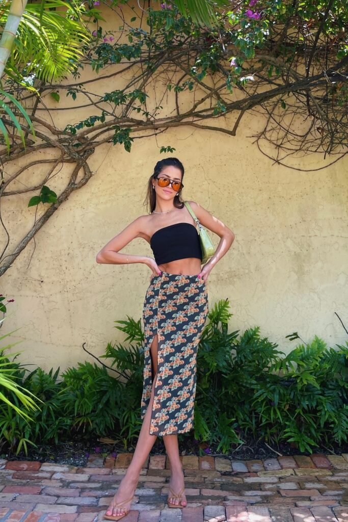 Black Strapless Crop Top + Floral Print Maxi Skirt + Tan Slide Sandals