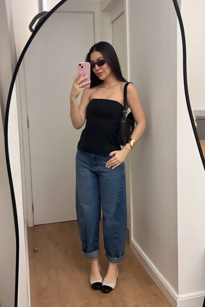 Black Strapless Top + Cuffed Wide-Leg Jeans + Two-Tone Cap-Toe Heels