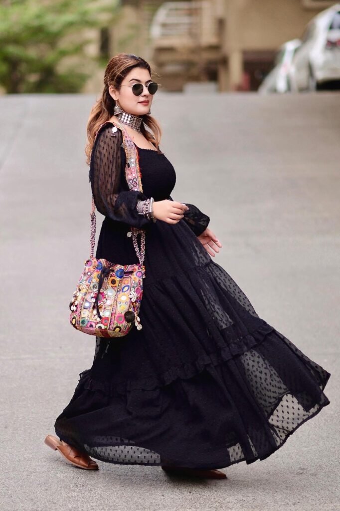 Black Swiss Dot Maxi Dress + Colorful Embroidered Mirror-Work Bag + Brown Leather Mules