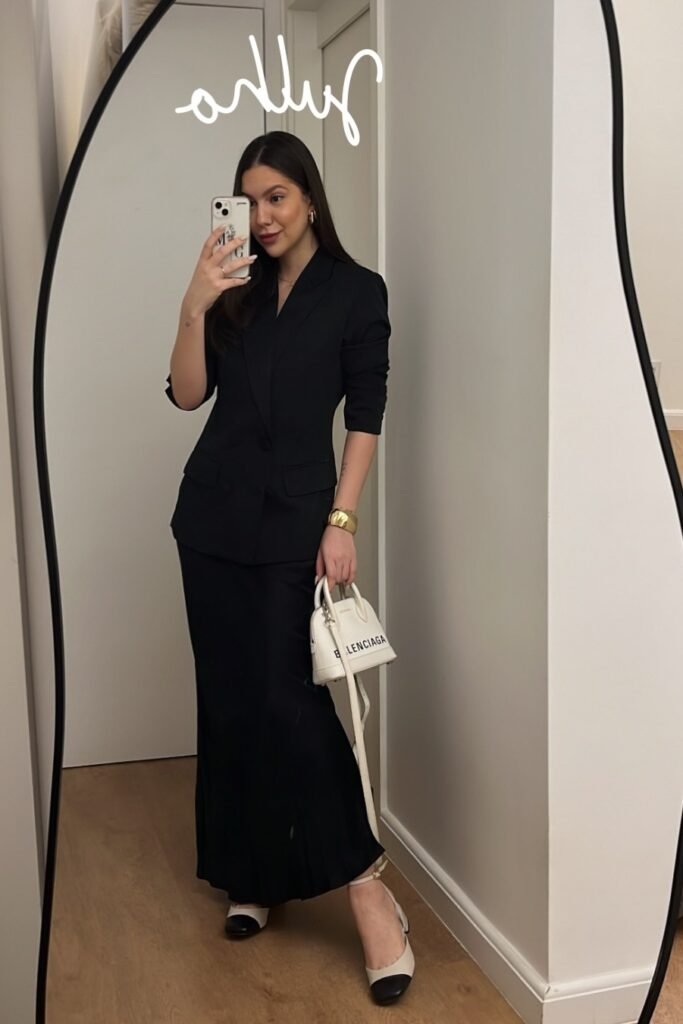 Black Tailored Blazer + Black Maxi Skirt + White Mini Handbag + Two-Tone Heels