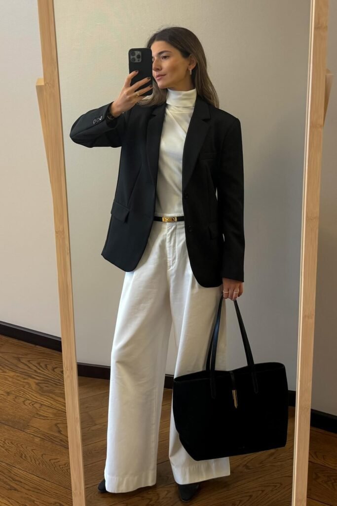 Black Tailored Blazer + White High Neck Top + White Wide Leg Trousers