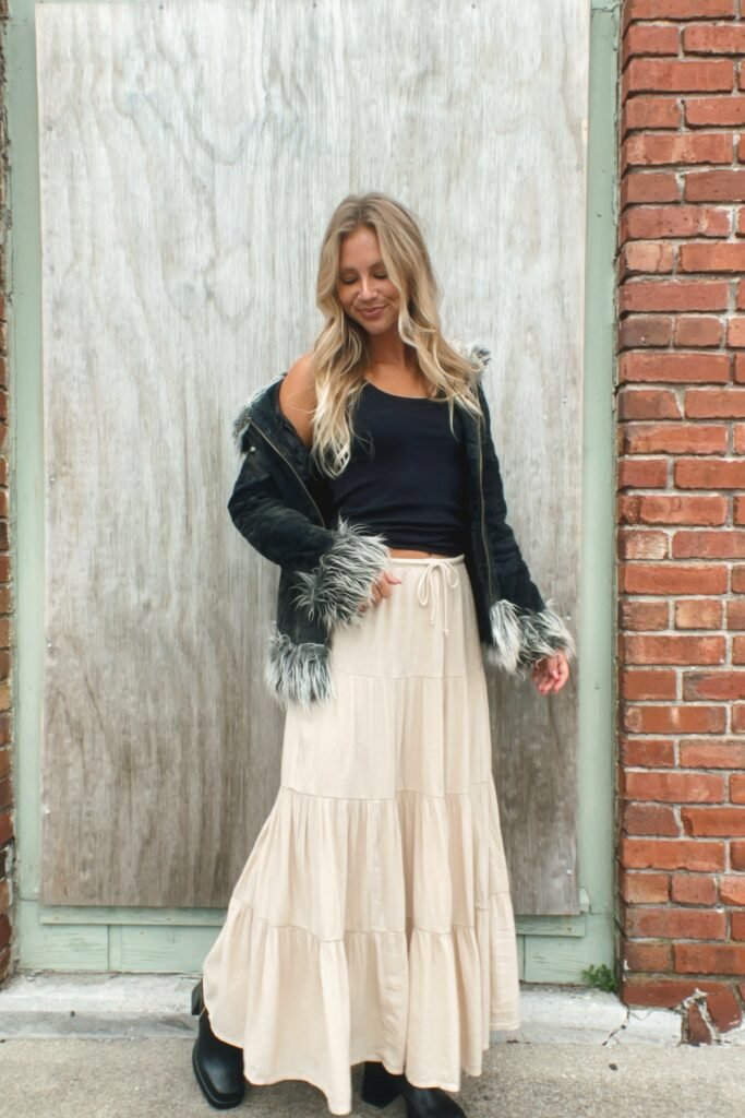 Black Tank Top + Faux-Fur Trimmed Suede Jacket + Beige Tiered Maxi Skirt + Black Platform Boots